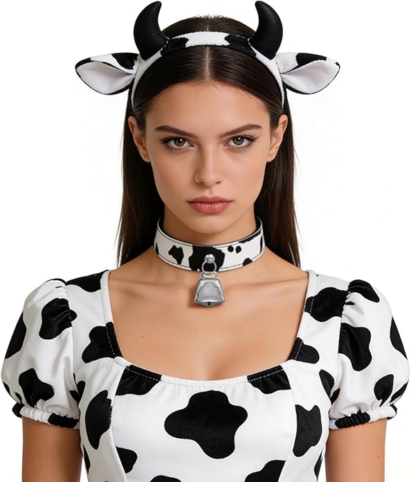 Bell Collar Necklace for Women, Cow Print PU Leather Choker with Flat Ribbon Tie, Anime Cow Cosplay Jewelry Gifts