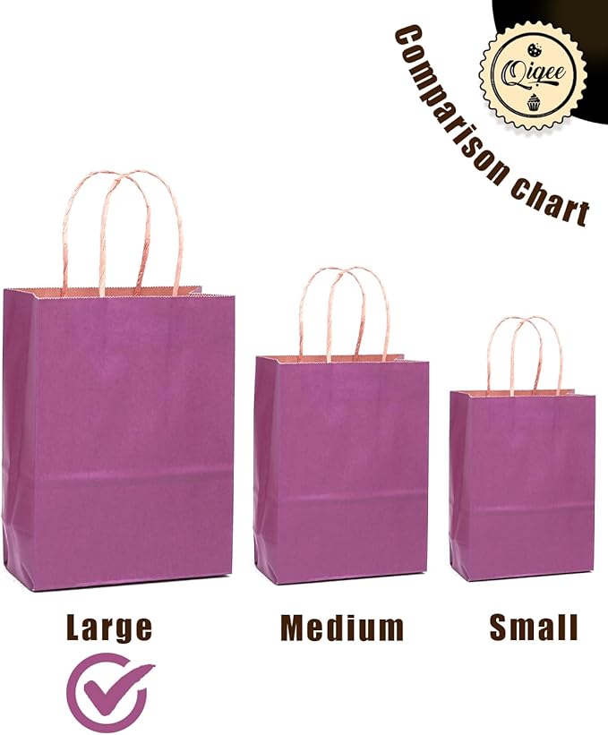 qiqee Large Kraft Paper Bags with Handles 13"x10"x5" 32 pcs Gift Paper Bag Purple Solid Color Bags（Large Size）