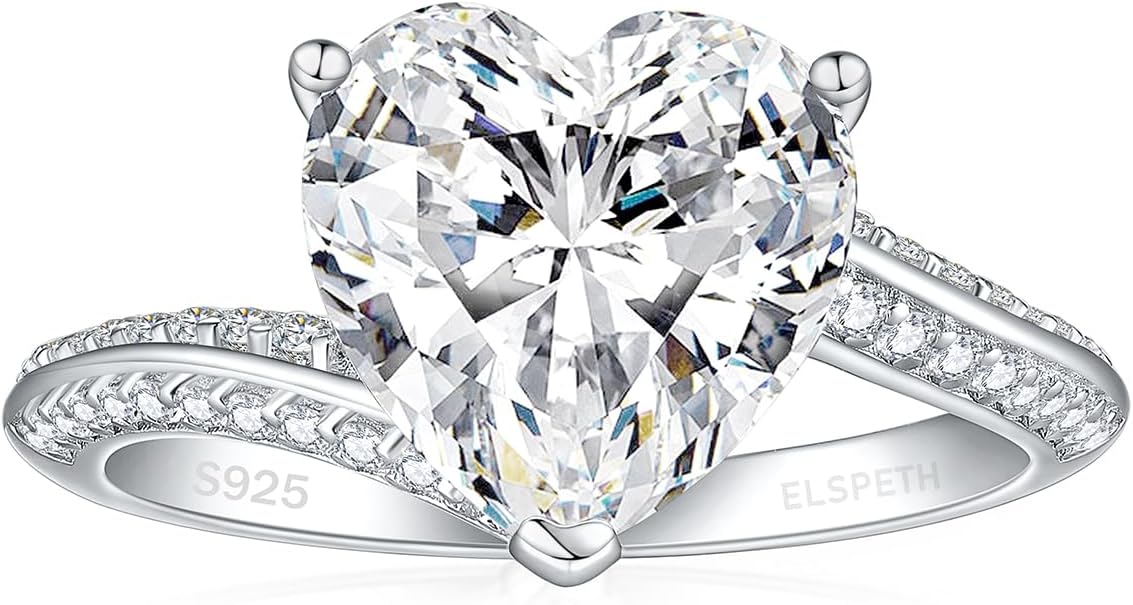 Elspeth 925 Sterling Silver Heart Engagement Ring for Women Heart Cut Cubic Zirconia Promise Ring Size 4-10