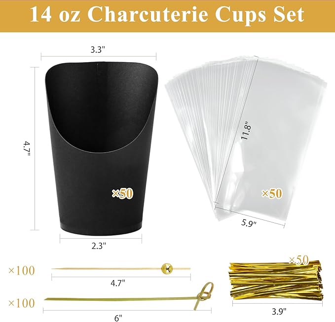 50 Sets 14 oz Charcuterie Cups with Sticks and Bags, Individual Black Paper Charcuterie Boxes Disposable Individual Appetizer Serving Cups (50 Cups + 200 Cocktail Picks + 50 Bags + 50 Ties)