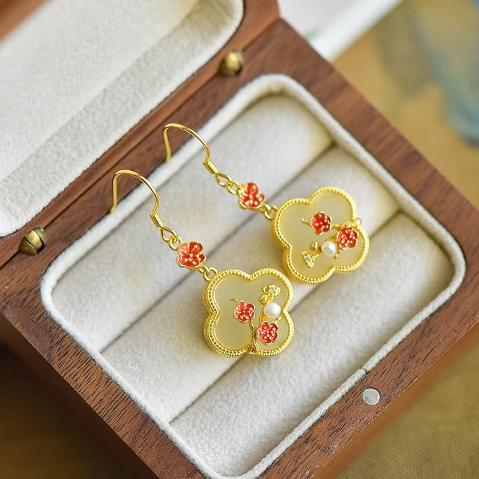 14K Gold over S925 Real Natural Jade Plum Blossom Earrings, Enamel Vintage Style Dangle Earrings, Delicate Jade Jewelry Gift for Wife's Elegance