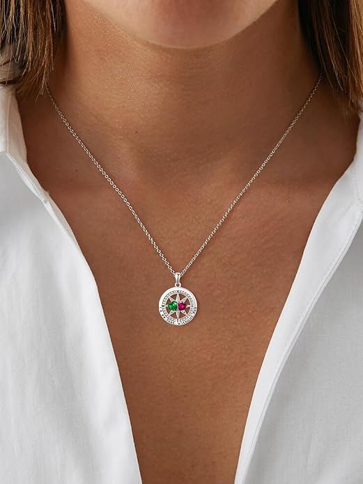 Compass Necklace for Women, Exquisite S925 Valentines Day Anniversary Birthday Gifts for Wife Her Double Birthstone Pendant Jewelry ‘I'd be Lost Without You’