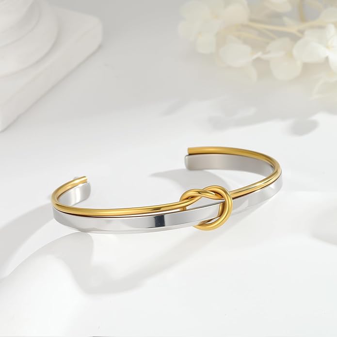 Turandoss Gold Knot Bangle Bracelets for Women - Dainty 18K Gold Plated Cuff Bangle Bracelets for Women Trendy Personalized Open Love Knot Bracelet Adjustable Cuff Bracelet Valentine Gifts for Her