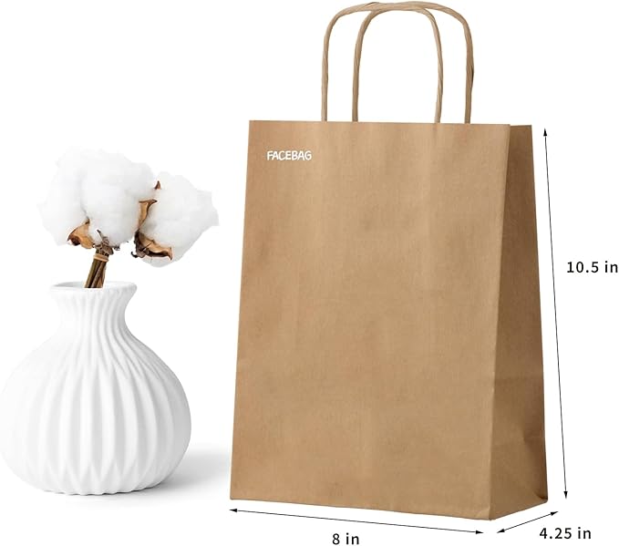 FACEBAG 50-Pack Brown Paper Bags with Handles Bulk, 8x4.25x10.5 Inches,Medium-sized Gift Bags with Handles for Party Favors，Take-Out，Grocery Shopping & Retail，Reusable & Durable