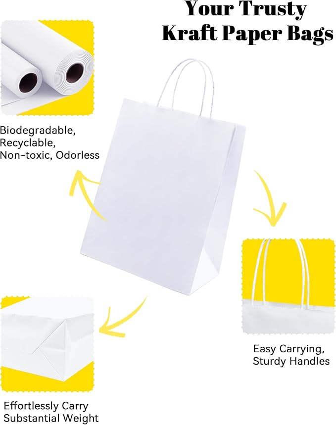 BAG BOX 100 Pack 8.25x4.3x10.6 Inch White Gift Bags with Handles,Bulk Kraft Paper Bags for Shopping, Retail, Merchandise, Wedding, Party Favors, Paper Grocery Sacks
