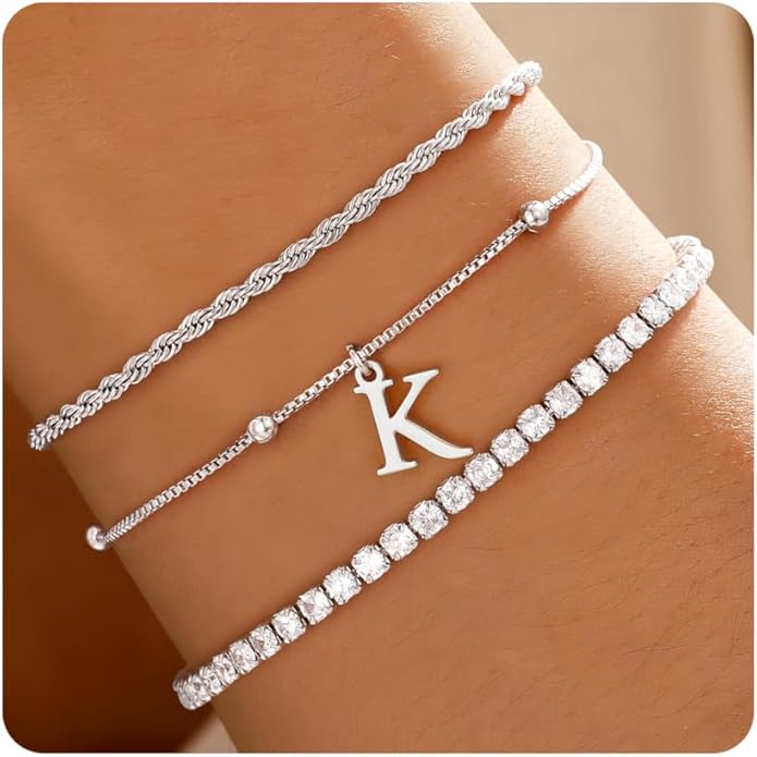 Valentines Day Gifts for Her Kids - Dainty Gold Bracelets for Women Personalized Gold/Silver Initial Bracelet Stack Stackable Rope Box Chain Tennis Bracelets for Girls Jewelry Set