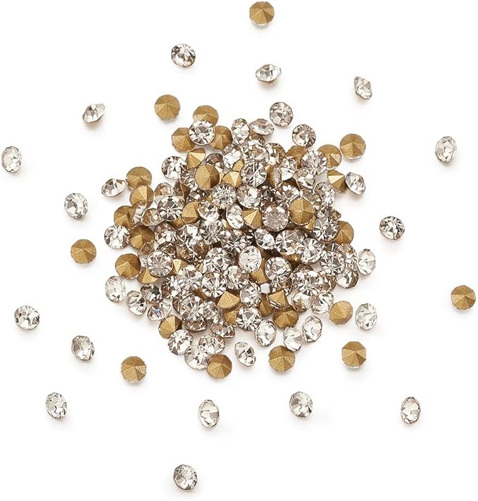 Fashewelry 1440Pcs Pointed Back Clear Glass Rhinestone Cabochons 4mm Mini Faceted Crystal Diamante Gem Cab Covers with Gold Plated No Hole for DIY Jewelry Making