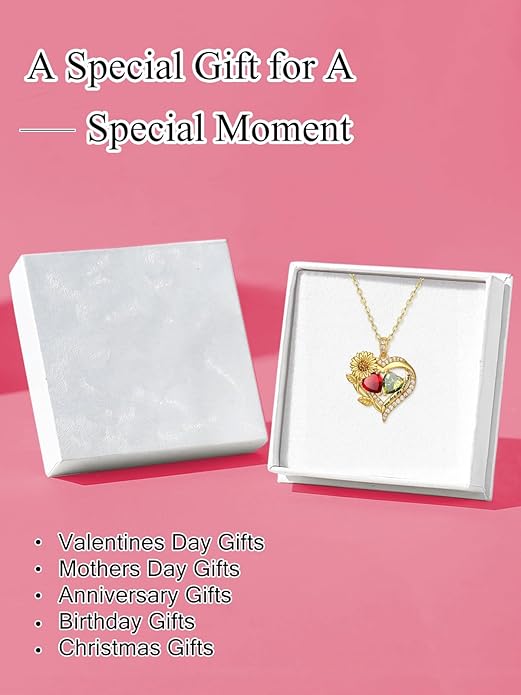 Sunflower Heart Necklace for Women 14K Gold Exquisite Valentines Day Anniversary Birthday Gifts for Wife Mother Her Double Birthstone Pendant Jewelry‘You Are My Sunshine’