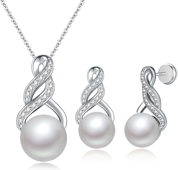 Gifts for Women-Pearl Necklace and Earring Set -925 Sterling Silver Jewelry Set- Birthday Valentines Day Anniversary or Christmas Gifts for Wife