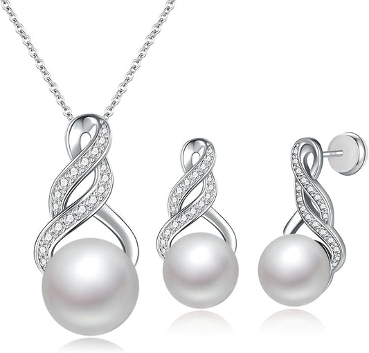 Gifts for Women-Pearl Necklace and Earring Set -925 Sterling Silver Jewelry Set- Birthday Valentines Day Anniversary or Christmas Gifts for Wife