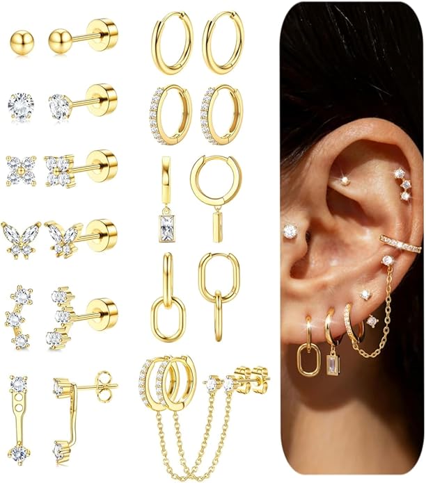HAIAISO Small 14K Gold Plated Huggie Hoop Earrings for Women Lightweight Double Piercing Chain Earrings Dainty Stud Earrings Hypoallergenic 14K Gold Plated Hoop Earrings Set