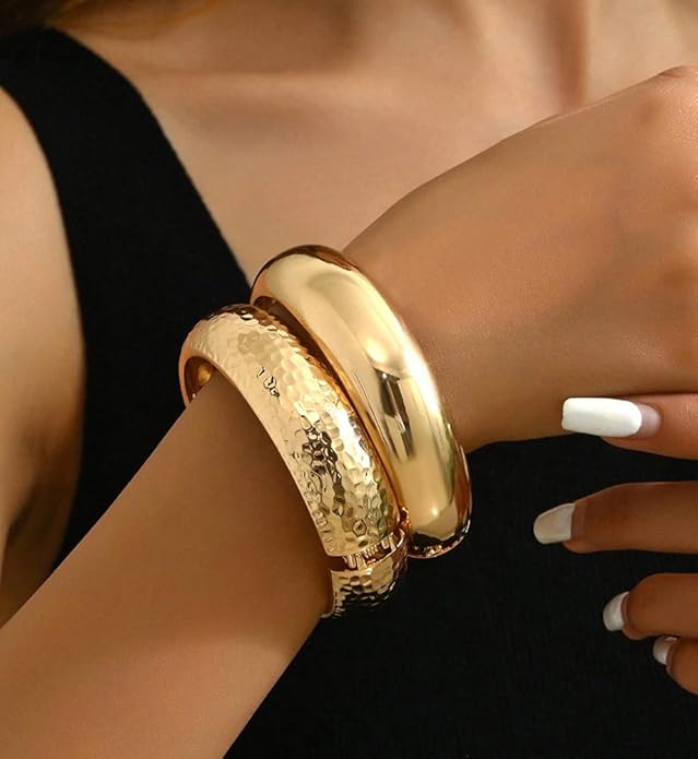 Chunky Gold Bangle Bracelets for Women, Dainty 14k Gold Plated Big Stackable Bangles Set, Trendy Statement Cuff Bracelet Stack Fashion Jewelry Christmas Gifts