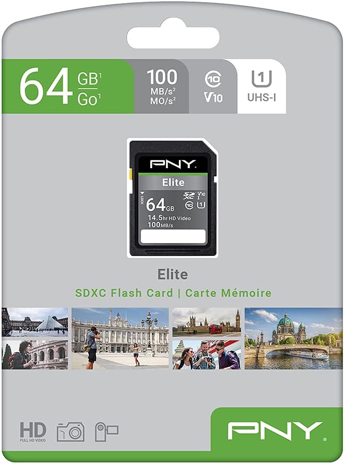 PNY 64GB Elite Class 10 U1 V10 SDXC Flash Memory Card - 100MB/s, Class 10, U1, V10, Full HD, UHS-I, Full Size SD (Pack of 1)