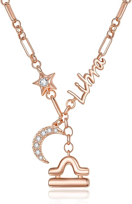 14K Gold/Rose Gold Zodiac Necklace for Women - Horoscope Constellation Pendant with Moon and Star, Luxury Birthday Gifts Jewelry for Her (12 Zodiac Signs)
