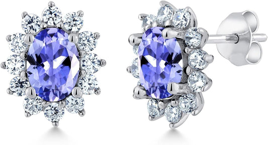 Gem Stone King 7X5MM Oval Gemstone Birthstone Stud Earrings For Women | Princess Diana Royal Halo Style | 925 Sterling Silver | Fine Jewelry Gifts for Anniversary Wedding Her Mom Women Wife