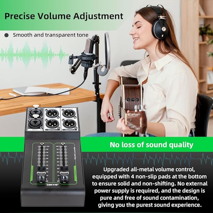 Passive Stereo Volume Controller, XLR 2 Input 2 Output Stereo Studio Controller, Plug and Play for Studio Speakers, Home Audio with Metal Interfaces, Great for Live Performance