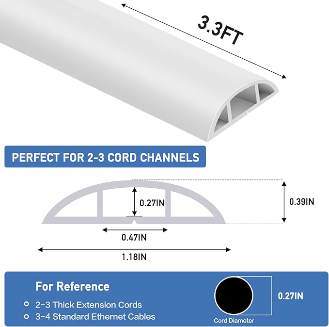 Floor Cord Cover Self Adhesive Cord Hider Floor Extension Cord Covers for Floor Power Cord Protector Cable Management Prevent Cable Trips Cable Cavity 0.47" W x 0.27" H (White, 3.3Ft)
