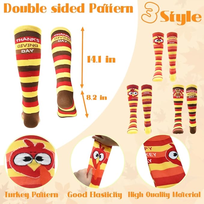 CAMIRUS 6PCS Thanksgiving Turkey Trot, 3Pcs Beanie Hat and 3Pcs Socks Thanksgiving Day Turkey Beanie Hat for Adults Men Women
