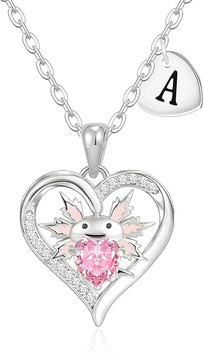 Macate Valentines Day Gifts for Her, 14K Gold Plated Heart Initial Pendant Axolotl Necklace Gold/silver Necklace Valentines Day Birthday Gifts for Women Teen