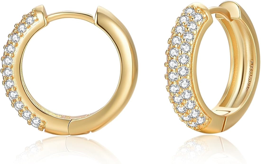 Gold Earrings for Women Girls,14K Gold Plated Hoop Earrings with 925 Sterling Silver Post Cubic Zirconia Stud Earring Huggie Hoops Earrings