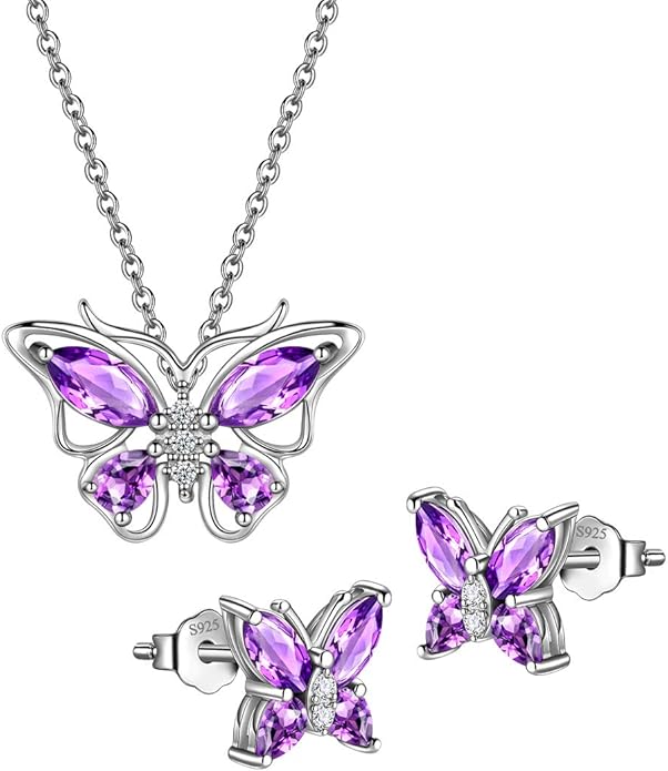 925 Sterling Silver Birthstone Butterfly Jewelry Women Crystal Animal Cute Butterflies Birthday Necklace/Earring/Ring/Bracelet Sets Birth Stone Statement Anniversary Jewellery