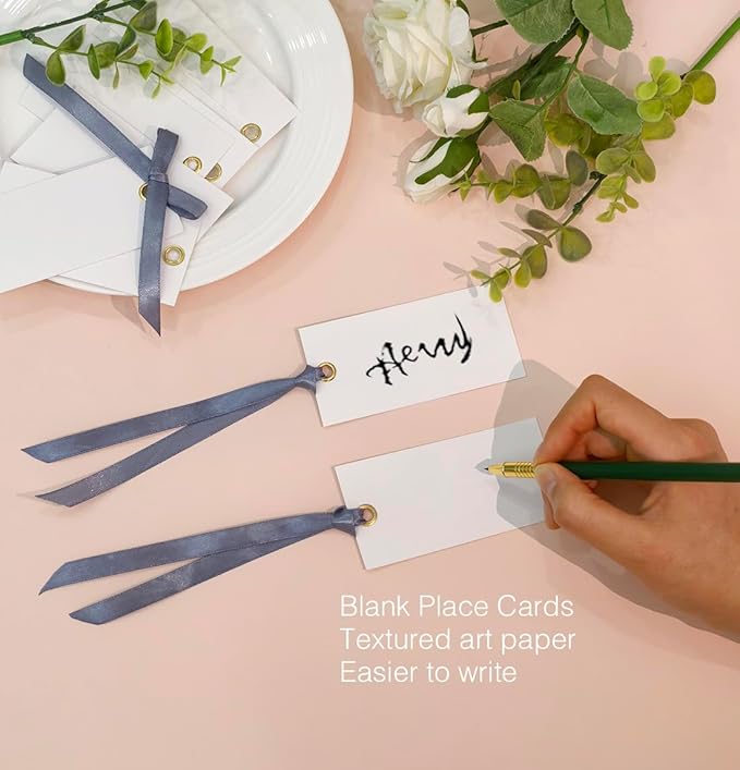 25 Pcs Name Place Cards Blank Seat Card, 2 x 4 in Table Cards with Stain Ribbon, Wedding Place Card, Hanging Tags for Wedding table Setting Reserved Chairs Signs Dinner Banquet Parties.(Gray)