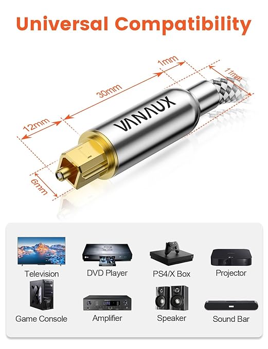 VANAUX Digital Optical Audio Cable 15FT (24K Gold Plated Connectors, Aluminum Alloy Shell,Braided Jacket) S/PDIF Toslink Cable Fiber Optic Cable for Home Theater, Soundbars, Gaming Consoles