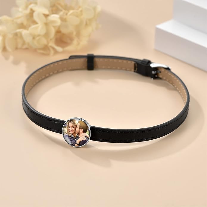 Custom4U Personalized Black Leather Choker Necklace with Picture/Name/Initials/Letters Charm,Custom Made Adjustable Choker Collar Gothic Punk Necklaces Jewelry Gifts for Women