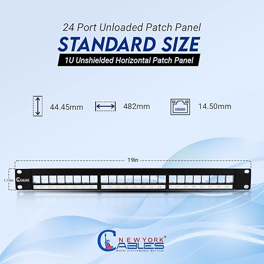 NewYork Cables® Blank Keystone 24 Port Cat6 Patch Panel - 10Gb Ethernet 1U Horizontal Rack Mount, Color-Coded T568A/B Labels, Network for Data Centers, Server Rooms, Unloaded, Unshielded.