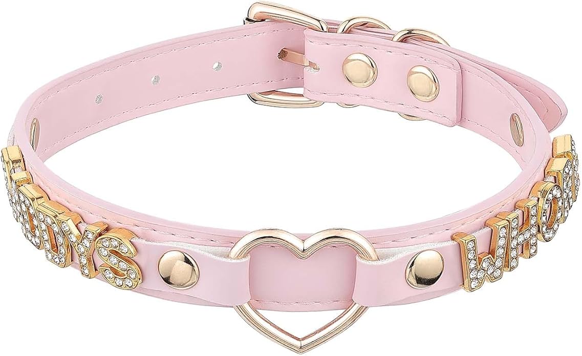 Handmade Gold Heart O-Ring Letter Choker Necklace for Women, Adjustable PU Leather Black/Pink Choker Collar For Women, Goth Choker Collars Necklace