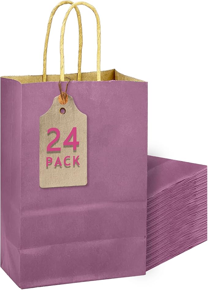 qiqee Purplish Red Gift Bag with Handles Bulk 24Pcs Paper Bags -10.6"x8.3"x4.3"Party Favor Bags - Solid Color