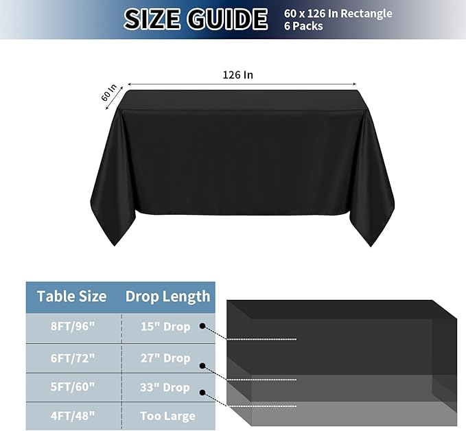 PureFit 6 Pack Rectangle Black Table Cloths 60 x 126 Inch for 6Ft Tables, Stain and Wrinkle Resistant Table Linens for Home Use, Wedding, Party, Banquet and Camping