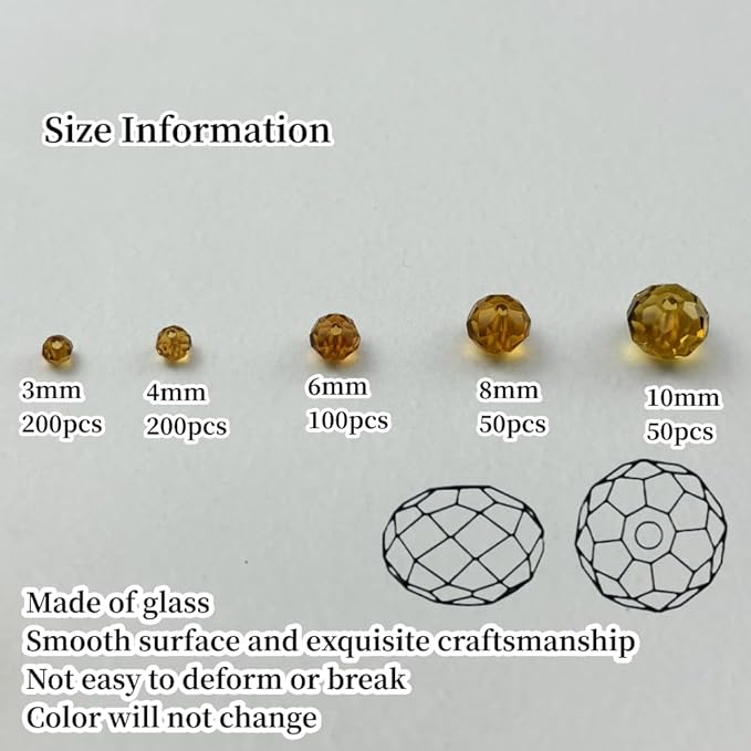 600pcs Crystal Glass Beads 3mm 4mm 6mm 8mm 10mm Rondelle Faceted Crystal Beads Spacer Beads for Necklace Bracelet Earrings DIY Jewelry Crafts Making Supplies(Amber)