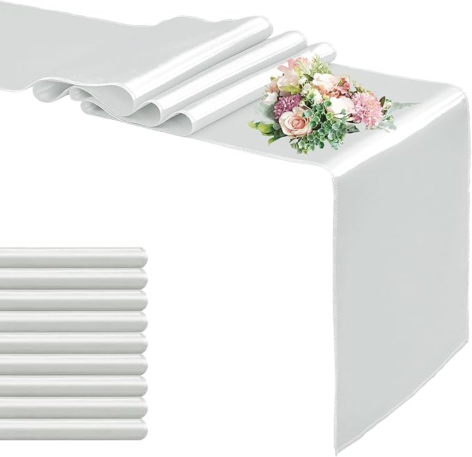 10 Pack Satin Table Runner Silver 12 x 108 Inch Long,Satin Silk Table Runner for Wedding,Birthday Party and Banquet(Silver,10 Pack)