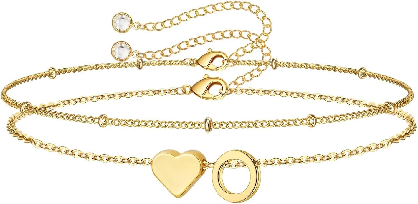 M MOOHAM Valentines Day Gifts for Kids Teen Girls -14K-Gold-Plated Heart Initial A-Z Bracelets for Women Girl Dainty Gold Bracelets Birthday Valentines Gifts for Women Her Teenage Girls Kid Teen Gift