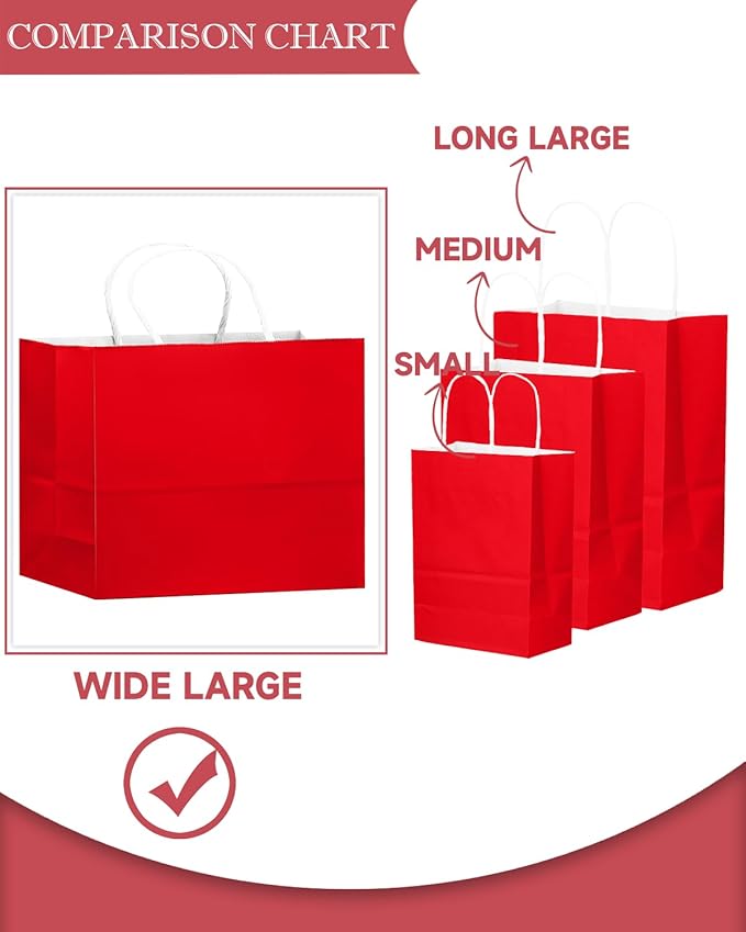 qiqee 100PCS Large Gift Bag with Handles Bulk 13"x4.5"x10" Gift Bags Red Multiple Uses (32x11x25cm,Wide Large)