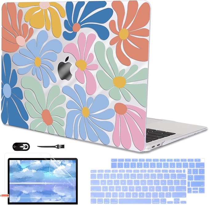 for MacBook Air 13 inch Case 2021 2020 2019 2018 A2337 M1 A2179 A1932 Cover with Touch ID, Crystal Plastic Printed Pattern Hard Shell Case Keyboard Skin Screen Protector, Colorful Flowers