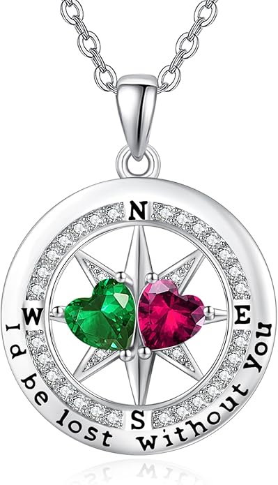 Compass Necklace for Women, Exquisite S925 Valentines Day Anniversary Birthday Gifts for Wife Her Double Birthstone Pendant Jewelry ‘I'd be Lost Without You’