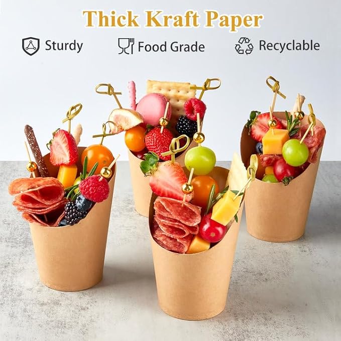 50 Sets 14 oz Charcuterie Cups with Sticks, Individual Kraft Paper Charcuterie Boxes Disposable Individual Appetizer Serving Cups (50 Cups + 200 Cocktail Picks + 50 Bags + 50 Ties)