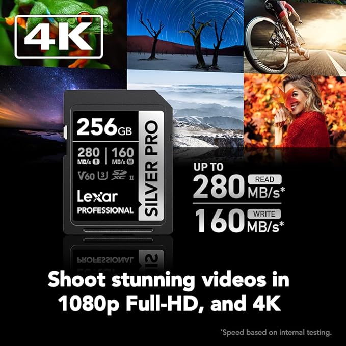 Lexar 256GB Professional SILVER PRO SD Card, UHS-II, C10, U3, V60, Full HD, 4K, Up To 280MB/s Read SDXC Memory Card, for Professional Photographer, Videographer, Enthusiast (LSDSIPR256G-BNNNU)