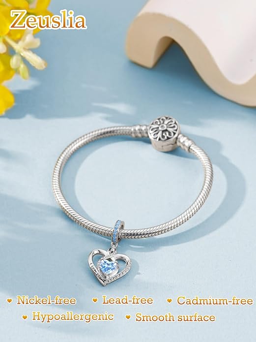 Heart Birthstone Charms for Bracelets, 925 Sterling Silver Women Bead Charms for Charm Bracelets Necklace, Mother's Day Birthday Anniversary Jewelry Gifts for Wife Mom Grandma Daughter
