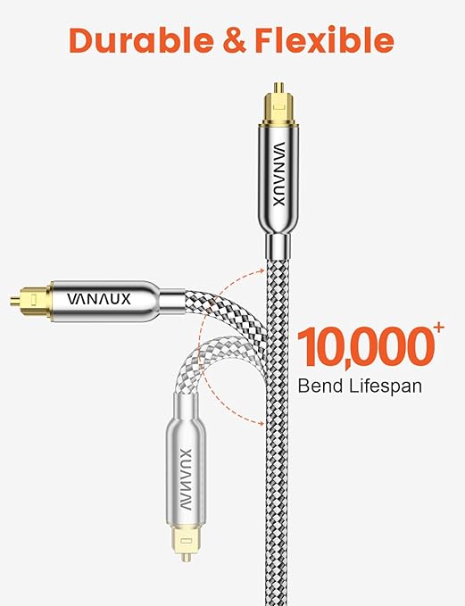 VANAUX 33FT Digital Optical Audio Cable (24K Gold Plated Connectors, Aluminum Alloy Shell, Braided Jacket) S/PDIF Toslink Cable for Home Theater, Soundbars, Gaming Consoles