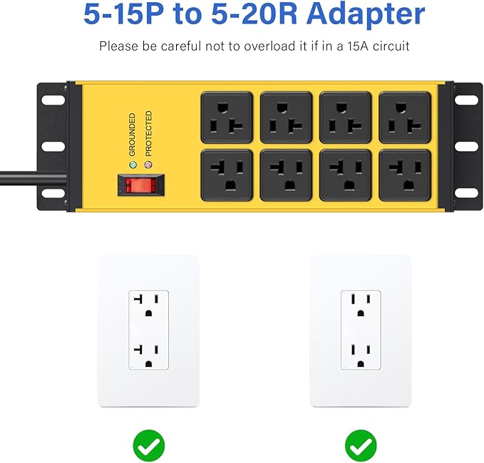 CCCEI Yellow Heavy Duty Power Strip Surge Protector 20 AMP, 8 Outlets 12 Gauge Industrial Shop Garage Metal Multiple Outlets, 25 FT Extension Cord 5-15P Adapter High Amp 6-20R T-Slot 20a for Appliance