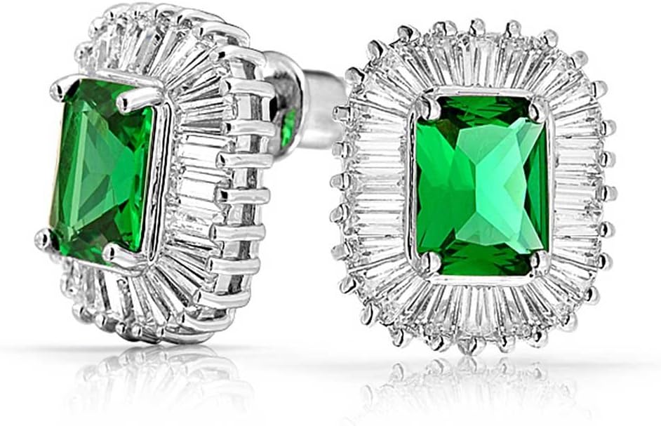 Bridal Art Deco Estate Jewelry Style Fashion Simulated Emerald Green Cubic Zirconia Pave Baguette Halo AAA CZ Square Large Oval Stud Clip On Earrings For Women Wedding Yellow 14K Gold Silver Plated