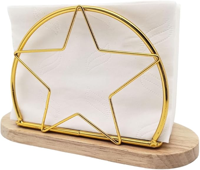AIM & GGKK Gold Napkin Holder for Table with Wooden Base - Geometric Metal Wire Paper Napkin Holder, Modern Restaurant & Home Dining Accessories (6.14" L x 3.94" H)