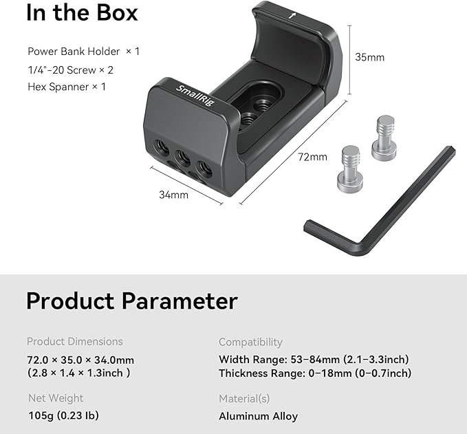 SmallRig Aluminum Power Bank Holder, Powerbank Mount Clamp Compatible with Width Range: 53 mm–84 mm (2.1–3.3 inches) and Thickness Range: 0 mm–18 mm (0–0.7 inch) Power Banks - BUB2336