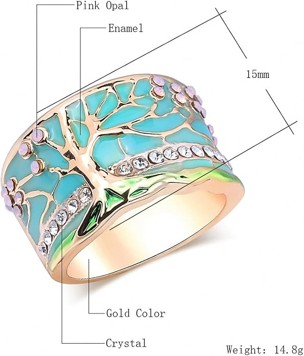Women Tree of Life Lucky Flower Wide Band Ring Gold Pink Opal Green Enamel Resin Plated Dainty Tree Rhinestone Statement Thumb Index Full Finger Chunky Ring Party Crystal Vintage Jewelry