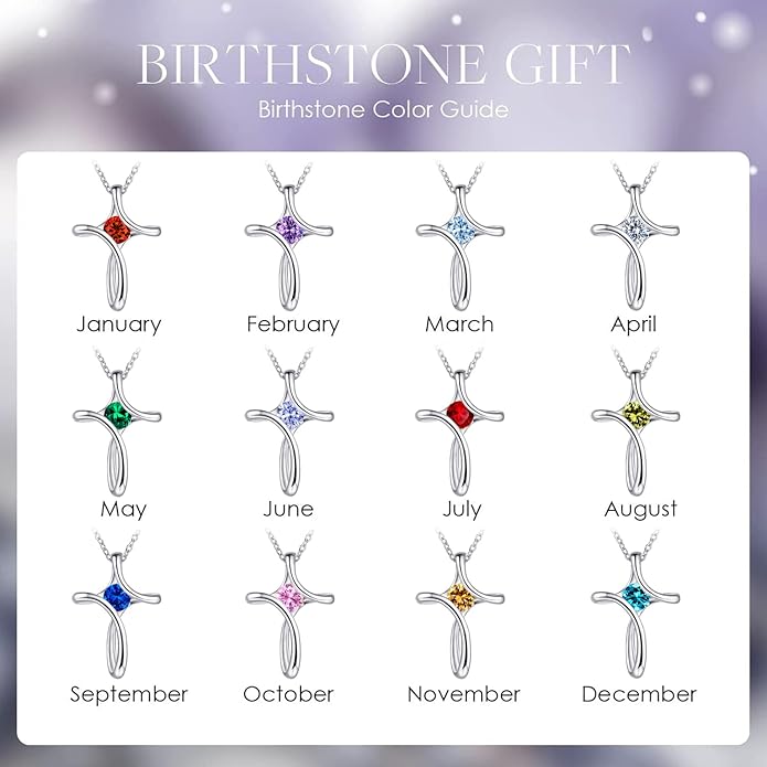 Cross Necklace for Women, 925 Sterling Silver Birthstone Necklace for Women with Diamond Sideways Cross Necklaces Birthstone Jewelry Birthday Gifts for Womens
