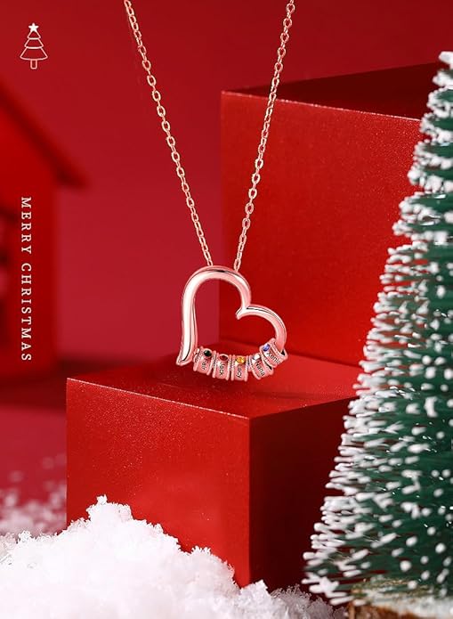 Personalized Women's Pendant Necklace 925 Sterling Silver with 1-5 Simulated Birthstone Names Customized Heart Shape Cubic Zirconia Necklace