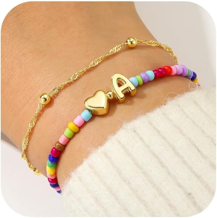 Ursteel Valentines Day Gifts for Kids Teen Girls - 14K Gold Plated Beaded Letter A-Z Bracelet, Layered Stretch Initial Bracelets, Women Trendy Bohemian Jewelry Birthday Gifts